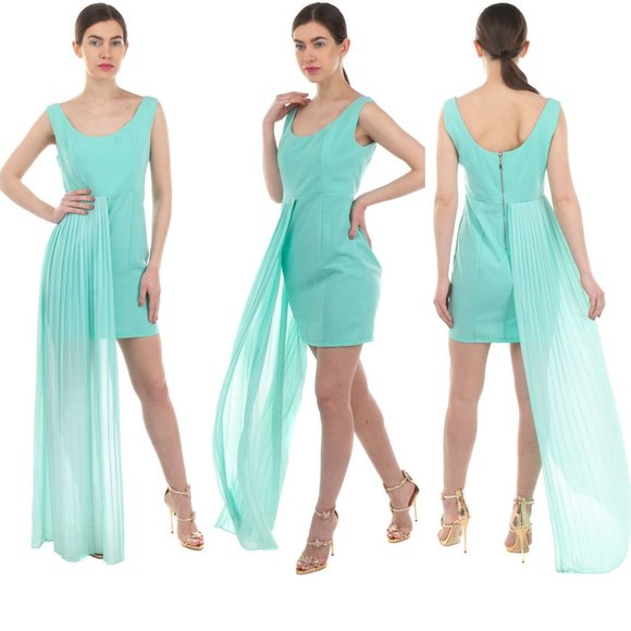 NEW KOR@KOR Italy Green Sheath Mini Dress MEDIUM Pleated Overlay Side Sleeveless - Picture 5 of 13